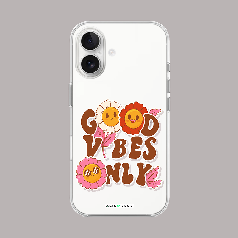 Good Vibes Only uplifting clear silicone phone case by alienneeds – cheerful style.
