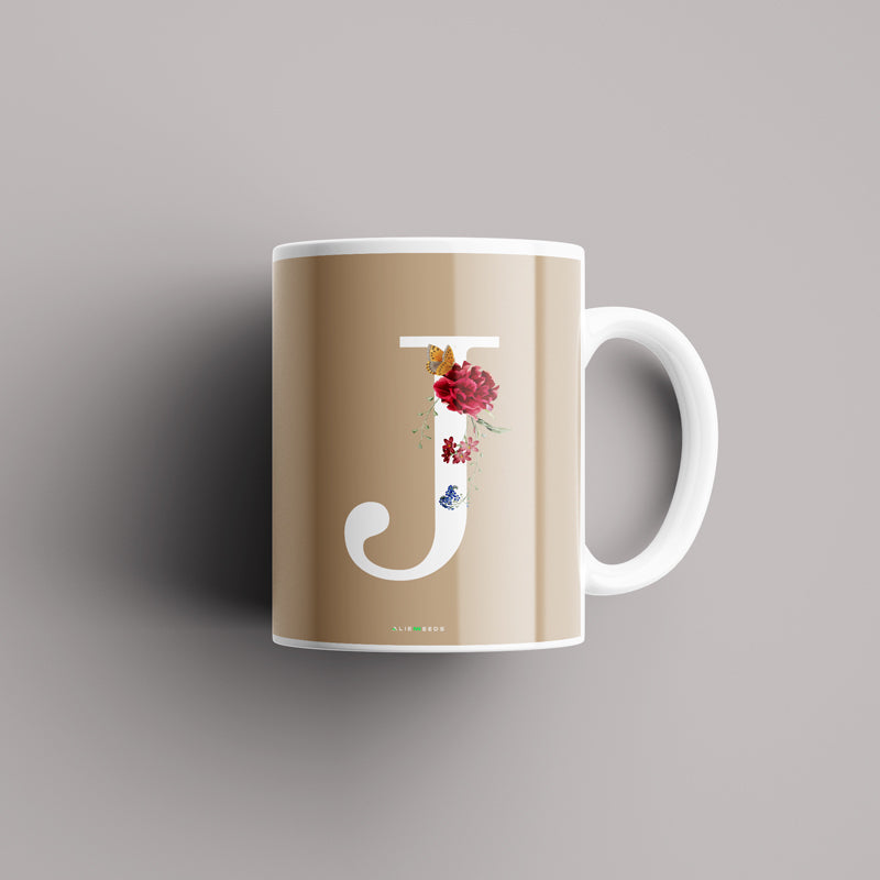 Aesthetic warm beige Alphabets Mug - Alienneeds.in
