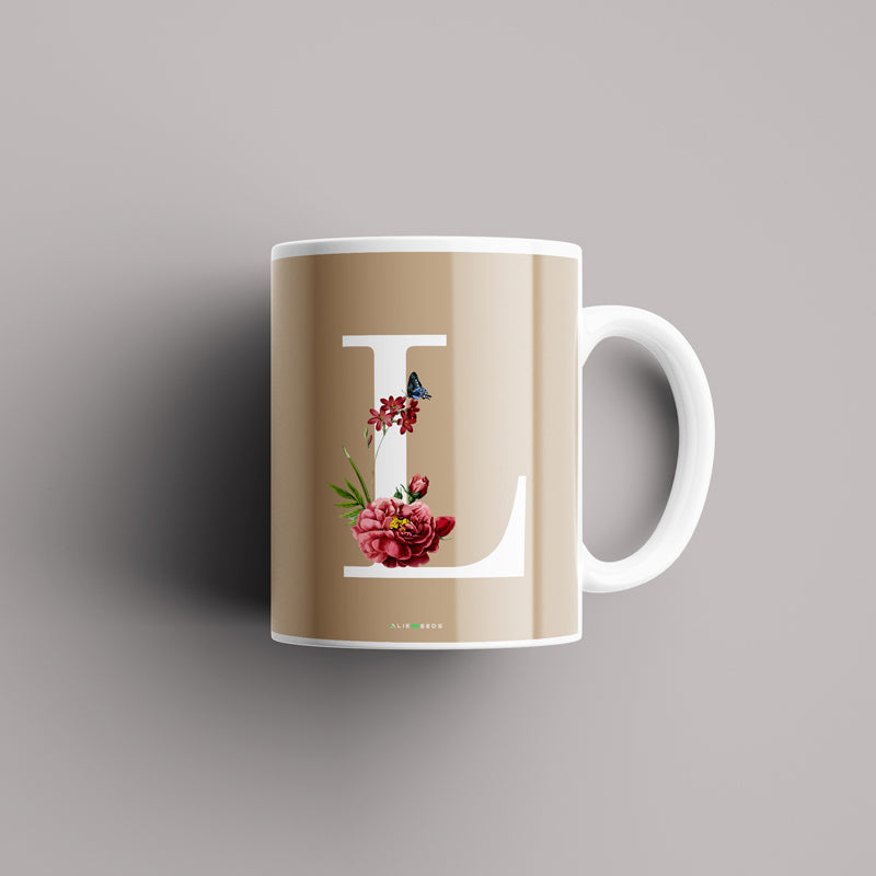 Aesthetic warm beige Alphabets Mug - Alienneeds.in