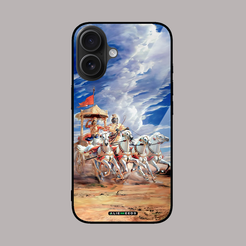 Arjuna’s chariot with Krishna glass phone cover by alienneeds.