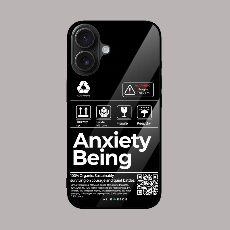 The Anxiety Being glass phone case by alienneeds – expressive design.