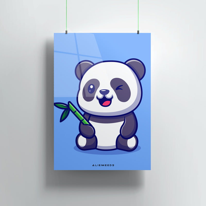 Panda with Bamboo Blue Background Premium Metal Poster - Alienneeds.in